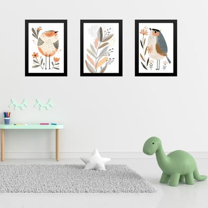 Imagem de Kit 3 Quadros Quarto Infantil Tema Passarinhos e Flores 45x34cm
