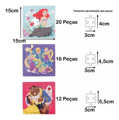 Imagem de Kit 3 Quebra Cabeça Princesa Disney Bela Fera Ariel Rapunzel
