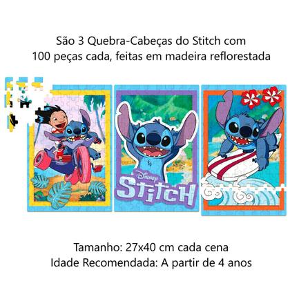 Imagem de Kit 3 Quebra Cabeças Stitch 100 Peças em Madeira Cada 300Pçs