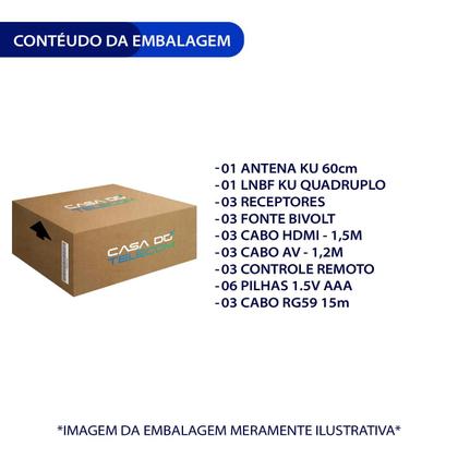 Imagem de Kit 3 receptores vivensis + antena  + lnbf quadruplo + 3 cabos