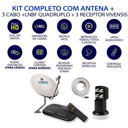 Imagem de Kit 3 receptores vivensis + antena  + lnbf quadruplo + 3 cabos
