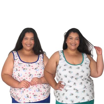 Imagem de Kit 3 Regatas Pijama Mega Plus Size 2 Lisas 1 Estampada G6 ao G10