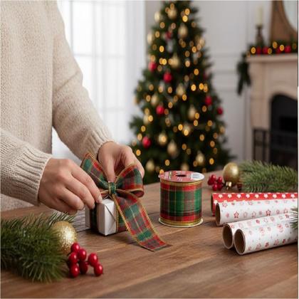 Imagem de Kit 3 Rolos Fita Aramada Natalina Decoração faz Laço 3,8cm