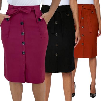 Imagem de Kit 3 Saias Midi Babado Moda Evangélica Com Botões e Bolsos