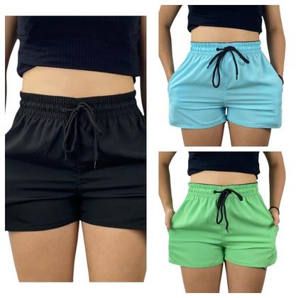 Imagem de kit 3 short tactel elastano feminina adulto praia treino secagem rapido