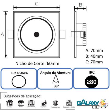 Imagem de Kit 3 Spot Led Quadrado 3w Direcionavel Branco Frio 6500K