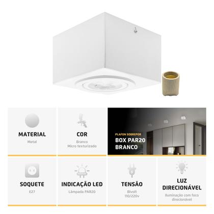 Imagem de Kit 3 Spot Plafon Sobrepor Box Quadrado Par20 Branco + Led 7w Branco Frio