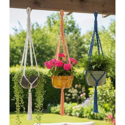 Imagem de Kit 3 Suportes Macramê Pendentes, Arranjos de Cordas Suspenso, Presente Decorativo Artesanal