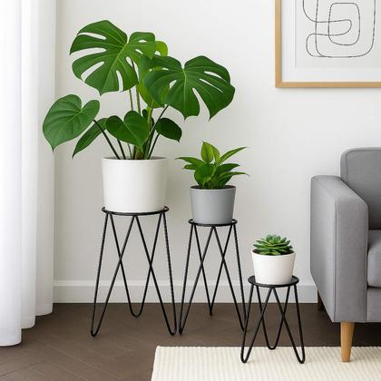 Imagem de Kit 3 Suportes Tripé de Chão para Vasos de Plantas e Flores - 30cm 45cm 60cm - Ferro