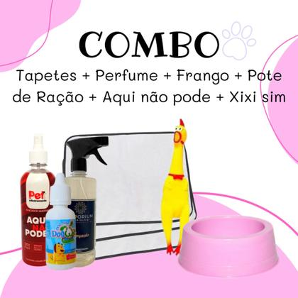 Imagem de Kit 3 Tapetes Higi. + Pote Comedouro + Brinquedo Frango + Água Perfumada + Xixi Sim + Aqui Não Pode