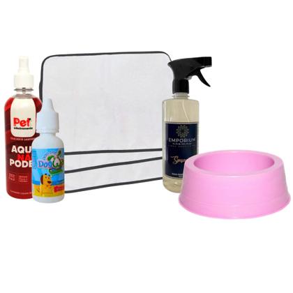 Imagem de Kit 3 Tapetes Higiênicos Pet + Pote Comedouro Pet + Água perfumada 500ml + Xixi Sim + Aqui Não Pode