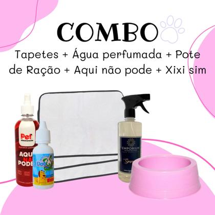 Imagem de Kit 3 Tapetes Higiênicos Pet + Pote Comedouro Pet + Água perfumada 500ml + Xixi Sim + Aqui Não Pode