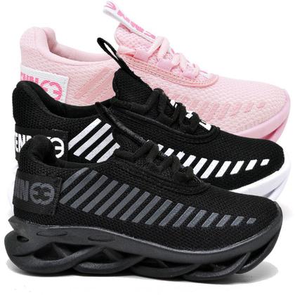 Imagem de kit 3 Tênis Infantil Menina Evoltenn Sola Trança Escolar Rosa/Preto