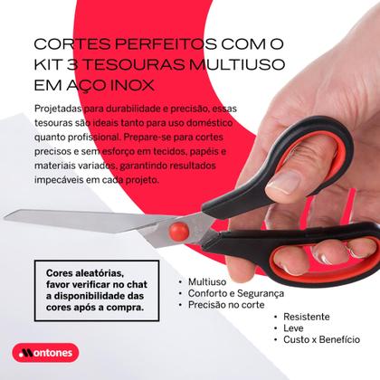 Imagem de Kit 3 Tesouras Aço Inox Corte Costura Artesanato Domestico e Profissional Multiuso
