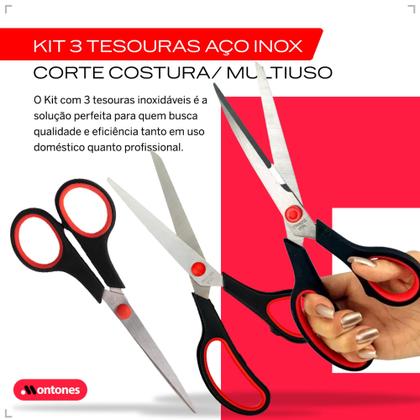 Imagem de Kit 3 Tesouras Aço Inox Corte Costura Artesanato Domestico e Profissional Multiuso
