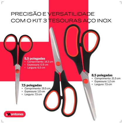 Imagem de Kit 3 Tesouras Aço Inox Corte Costura Artesanato Domestico e Profissional Multiuso