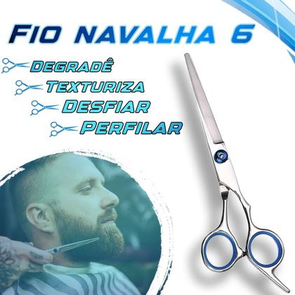 Imagem de Kit 3 Tesouras Profissional Cabelereiro Barbeiro Fio Navalha e Desbaste