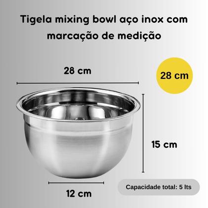 Imagem de Kit 3 Tigelas Mixing Bowl Aço Inox Multiuso 18-26-28 cm
