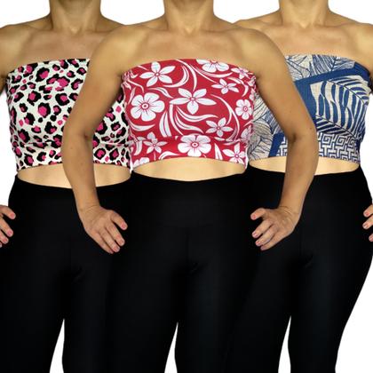 Imagem de Kit 3 Tops Femininos Faixa sem alça Elástico Barra Estampas Sortidas Viscolycra Pp Plus Size