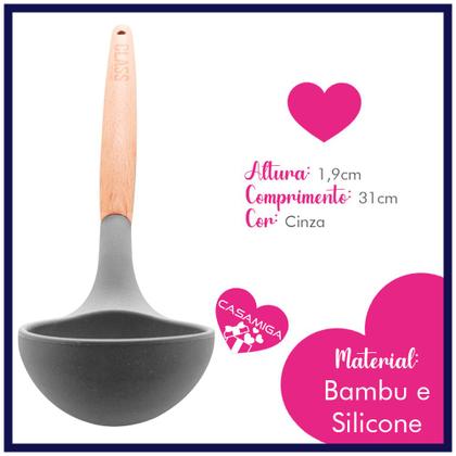 Imagem de Kit 3 Utensílios Espumadeira Colher Concha Bambu Silicone