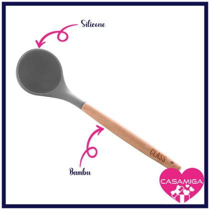 Imagem de Kit 3 Utensílios Espumadeira Colher Concha Bambu Silicone