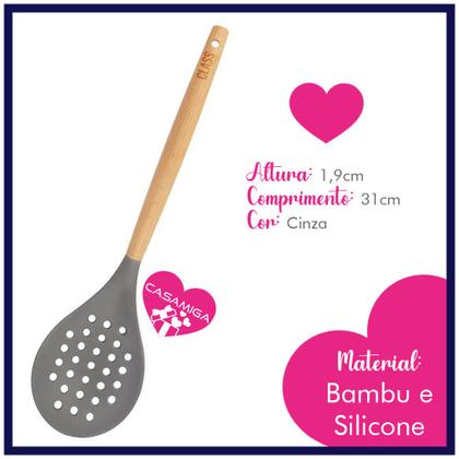 Imagem de Kit 3 Utensílios Espumadeira Colher Concha Bambu Silicone
