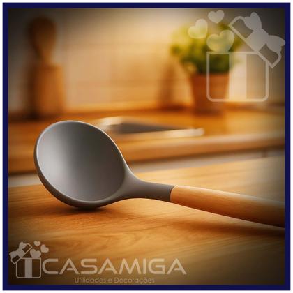 Imagem de Kit 3 Utensílios Espumadeira Colher Concha Bambu Silicone