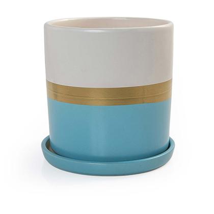 Imagem de Kit 3 Vasos Cachepots Plantas com Pratos e Tampas para o Fundo Londres Porcelana Branco e Azul Fosco Pozzani