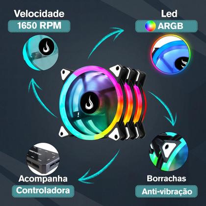 Imagem de Kit 3 Ventoinhas 120mm Rise Mode Energy ARGB 5V Controladora 6 Pinos Controle Remoto