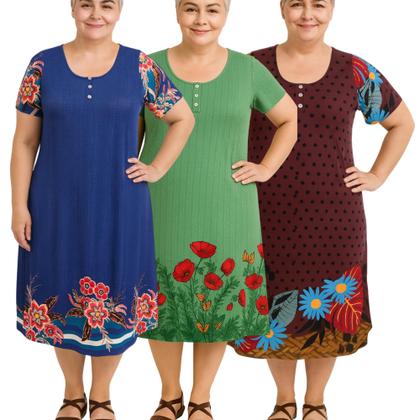 Imagem de Kit 3 Vestido Feminino Senhoras Soltinhos Malha Fria Estampados