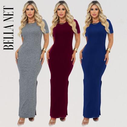 Imagem de KIT 3 Vestidos Longos com Fendas Lindo Manguinha e Gola Redonda Moda Gringa