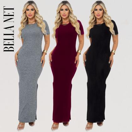 Imagem de KIT 3 Vestidos Longos com Fendas Lindo Manguinha e Gola Redonda Moda Gringa