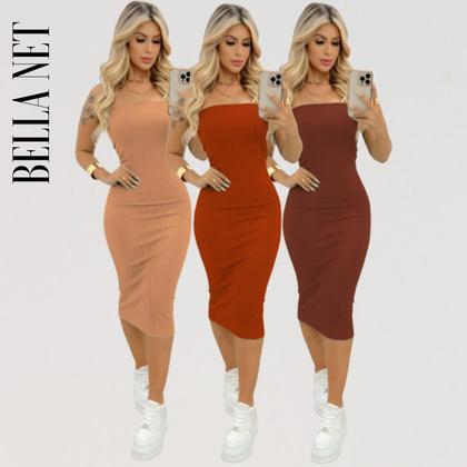 Imagem de KIT 3 Vestidos Midi Colado Tubinho sem alça Anarruga Sem Bojo Lindas Cores - Laranja Queimado - M