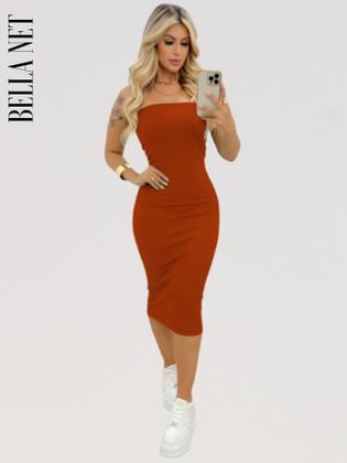 Imagem de KIT 3 Vestidos Midi Colado Tubinho sem alça Anarruga Sem Bojo Lindas Cores - Laranja Queimado - M