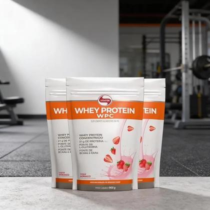 Imagem de Kit 3 Whey Protein Vitafor 900g Concentrado Morango