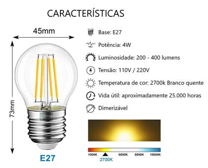 Imagem de Kit 30 Lâmpadas filamento transpa. soquete E27 bolinha de 4W