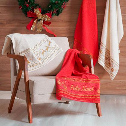 Imagem de Kit 30 Toalha de Rosto Feliz Natal 90% Algodão 400g/m² 45x68cm Bene Casa Vermelho