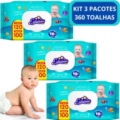 Imagem de Kit 360 Toalhas Umedecidas Lenço Umedecido Estrelinha Wipes Care- 03 Pacote com 120 - Com Tampa