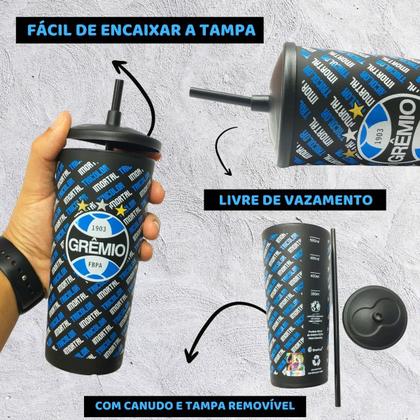 Imagem de Kit 3Un Copo Plástico Azul Preto Com Tampa Canudo 500ml Infantil Bebidas Grêmio Oficial