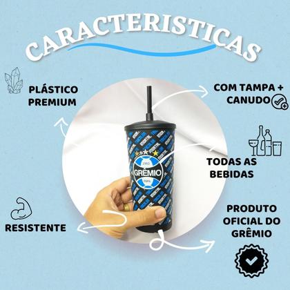 Imagem de Kit 3Un Copo Plástico Azul Preto Com Tampa Canudo 500ml Infantil Bebidas Grêmio Oficial