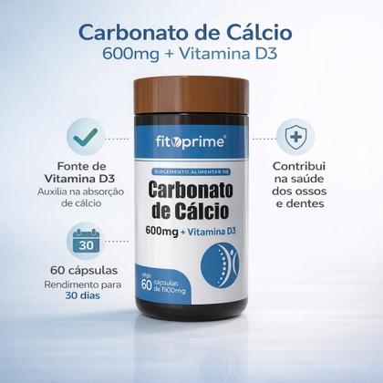 Imagem de Kit 3x Carbonato De Cálcio 600 + Vitamina D3 Fitoprime 60 Cápsulas