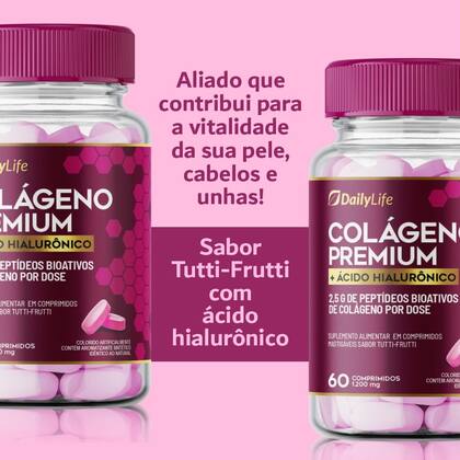 Imagem de Kit 3x Colageno Premium Hidrolisado Acido Hialuronico 100mg Proteina Pele Cabelo Unha 60 Comprimidos Mastigaveis Sabor Tutti Frutti Daily Life