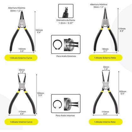 Imagem de Kit 4 Alicates Para Anéis 7 Pol. Interno Externo Reto Curvo