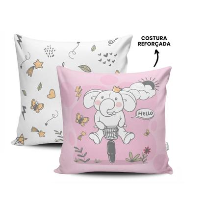 Imagem de Kit 4 Almofadas Cheias 45cm x 45cm Estampado Sala Quarto Elefante Rosa e Branco