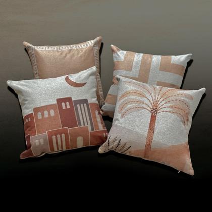 Imagem de Kit 4 Almofadas Linho Bege Coqueiro Geometria Árabe 45x45