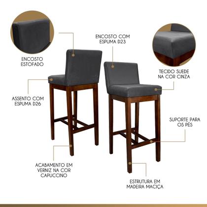 Imagem de Kit 4 Banquetas Alta com Encosto Estofado Lisboa Madeira Capuccino Suede Cinza CCS