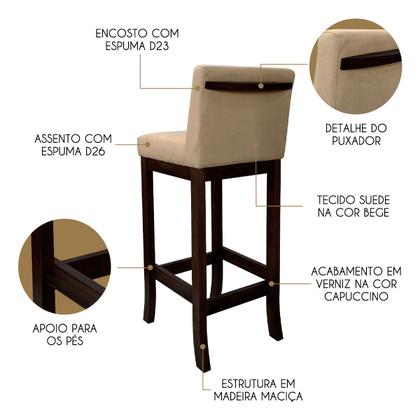 Imagem de Kit 4 Banquetas Alta Estofada em Madeira Maciça Capuccino Melody Suede Bege