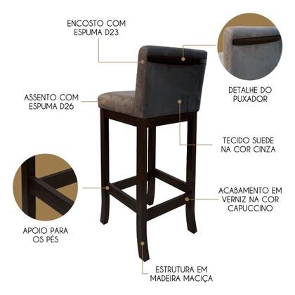 Imagem de Kit 4 Banquetas Alta Estofada em Madeira Maciça Capuccino Melody Suede Cinza