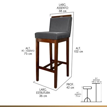 Imagem de Kit 4 Banquetas Alta Estofadas para Bancada Líbia Madeira Capuccino Suede Cinza CCS