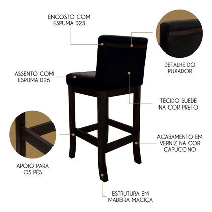 Imagem de Kit 4 Banquetas Média de Madeira Maciça Capuccino Melody Suede Preto